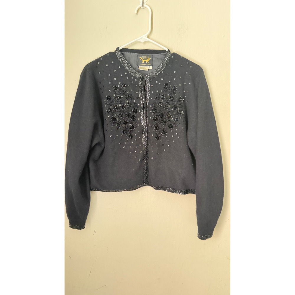 VTG I Did It Black Beaded Sequin Angora Lambswool Cardigan Sweater Womens L